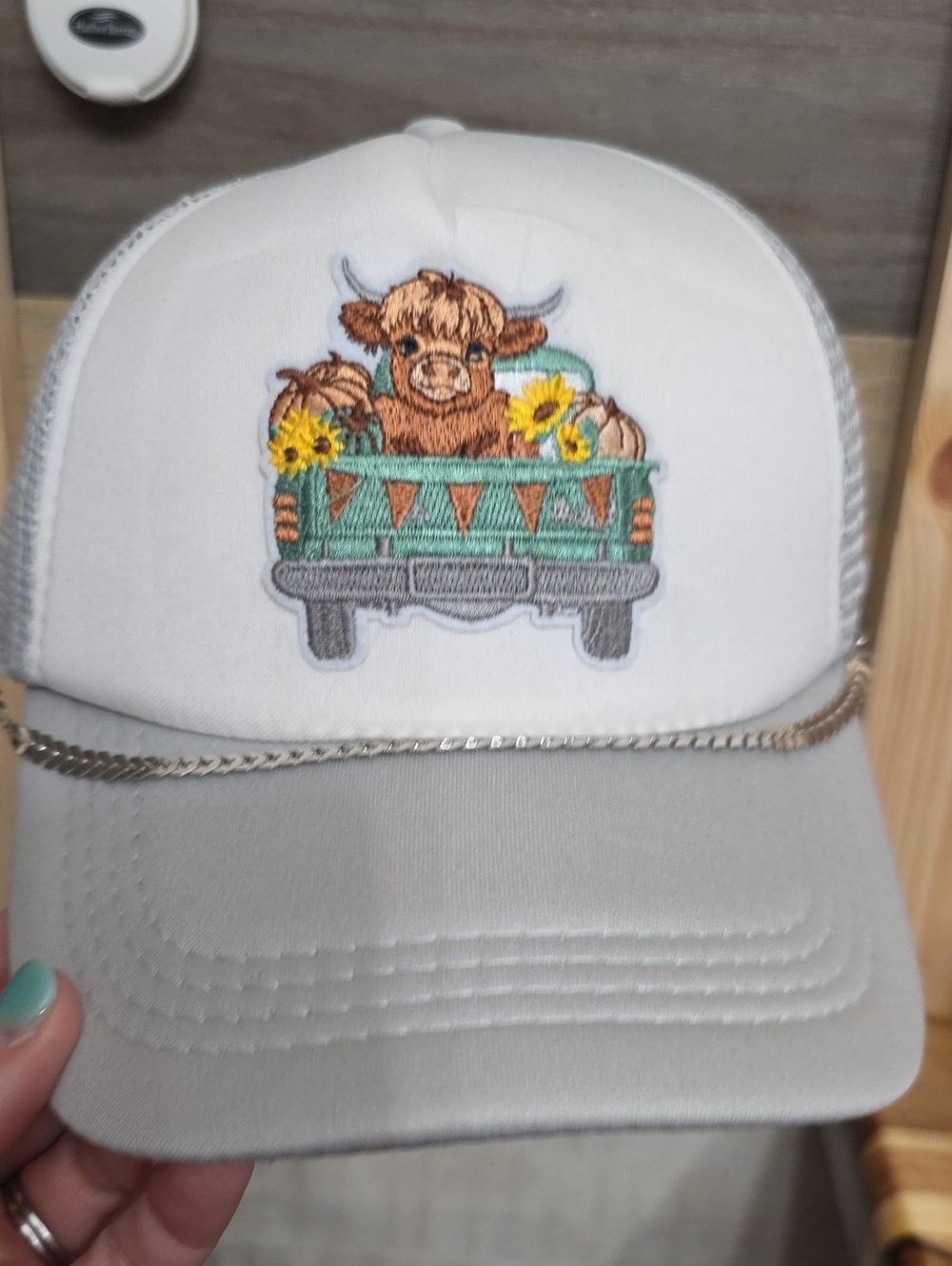 White and Gray Trucker Hat with Embroidered Cow and Sunflowers